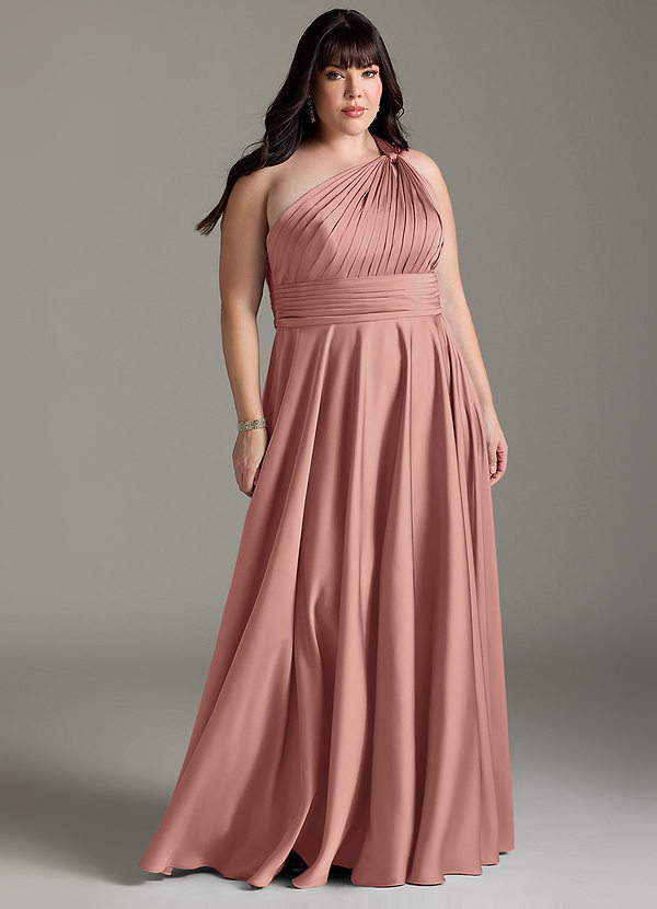 Azazie Charlize Robes Demoiselle d'honneur Robe Trapèze en Satin extensible Ue épaule Rosette image1