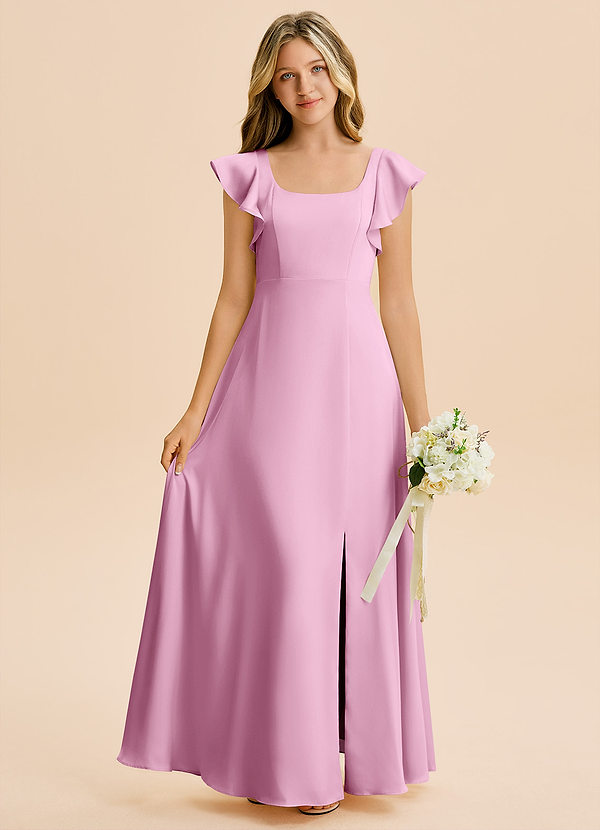 Azazie Bondi Junior Candy Pink A-Line Side Slit Stretch Satin Dress image1