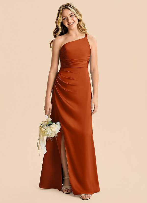 Eren Junior Burnt Orange Sheath Pleated Stretch Satin Dress image1
