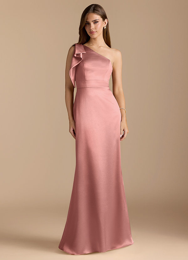 Azazie Rinna Bridesmaid Dresses Dusty Rose Mermaid Ruched Metallic Satin Dress image1