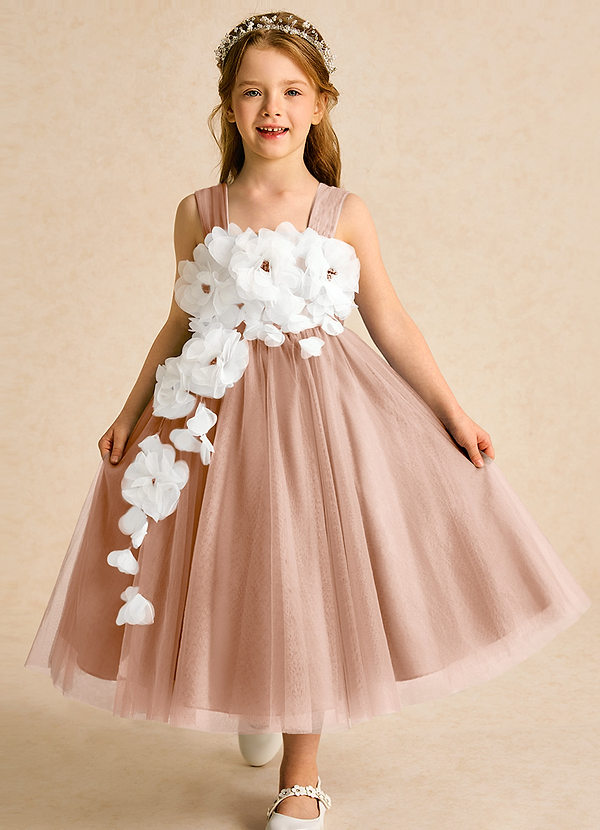 Azazie Dovey Abiti da Ragazza di Fiori Abito Principessa in Tulle Fiocco Champagne Rosa image1