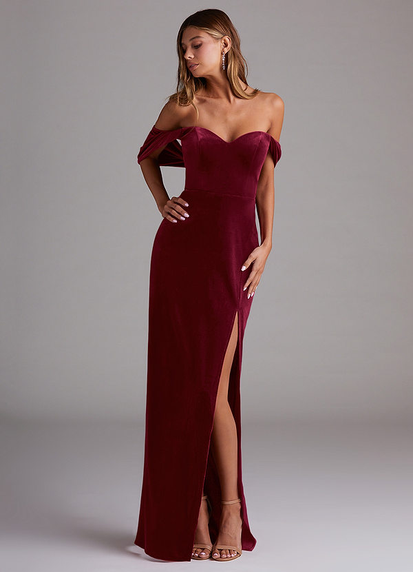 Azazie Shay Bridesmaid Dresses Burgundy Sheath Off the Shoulder Velvet Convertible Dress image1