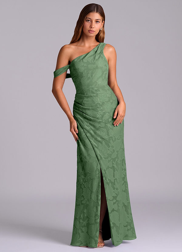 Azazie Madelyn Abiti da Damigella Abito Convertibile Sirena in Burnout Floreale Monospalla Eucalipto image1