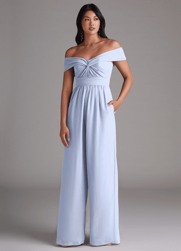 Azazie Lamara Robes Demoiselle d'honneur Combinaison Convertible en Mousseline de soie Épaule décolletée Eis image1