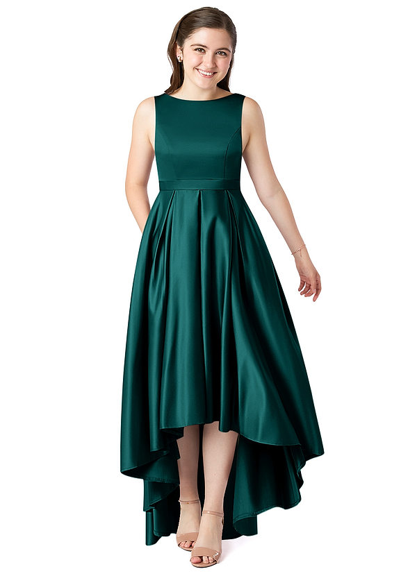 Azazie Inaya Junior Peacock A-Line with Belt Stretch Satin Dress image1