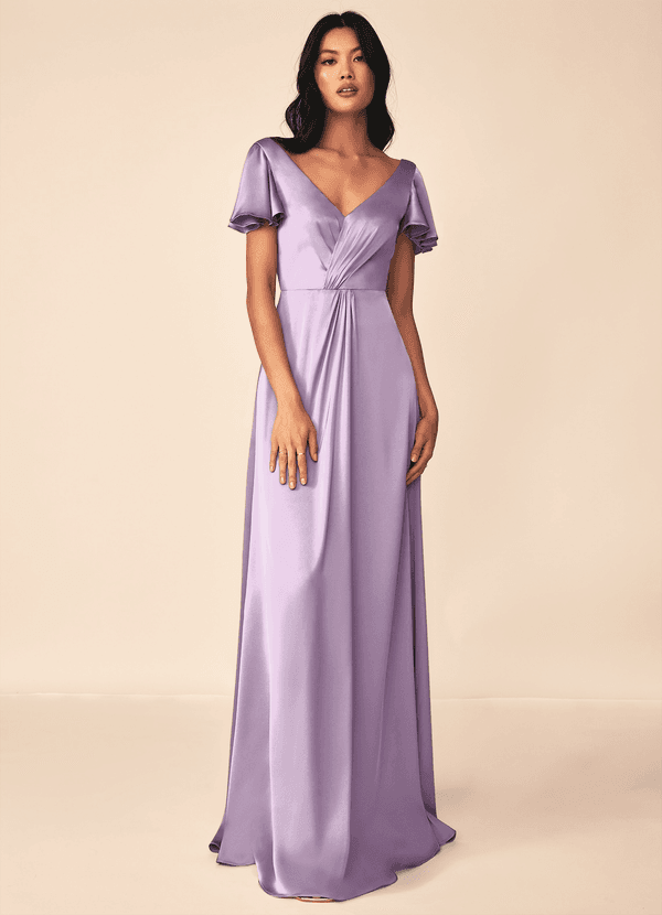 Azazie Soren Bridesmaid Dresses Frosted Lilac A-Line Pleated Stretch Satin Dress image1