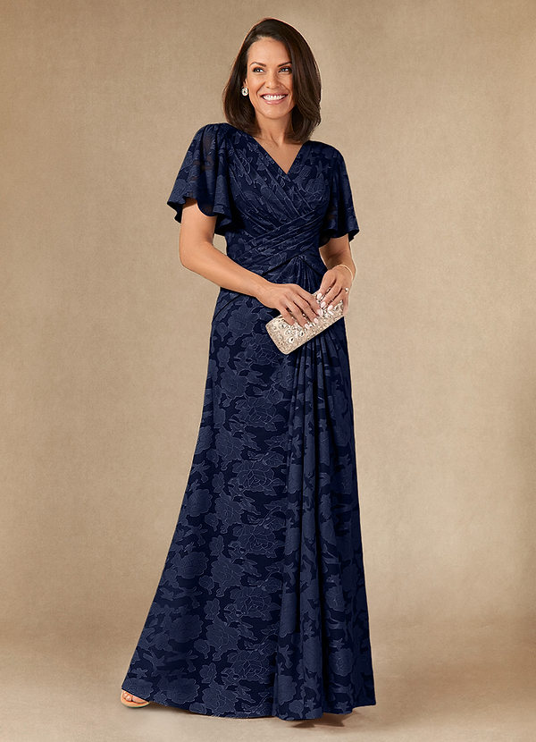 Azazie Emmeline Mother of the Bride Dresses Vestir Azul Marinho de Esgotamento Floral de Linha A com Plissado image1