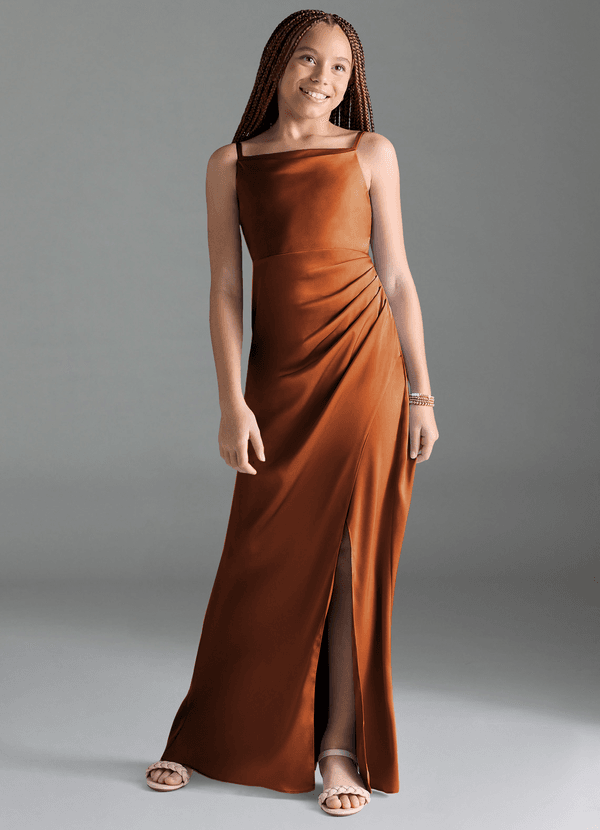 Azazie Leonis Junior Cinnamon A-Line Pleated Stretch Satin Dress image1