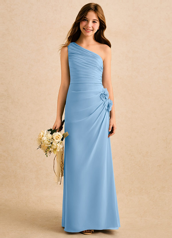 Azazie Sophie Girls Formal Robes de Fillette d'Honneur Robe Fourreau en Mousseline de soie Une épaule Poudre Bleue image1