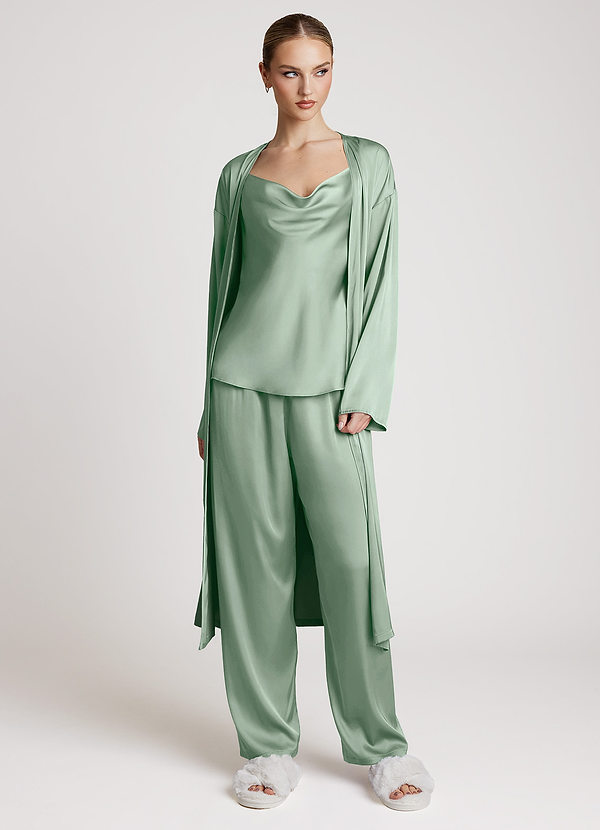 front Agave Satin Long Sleeves 3-Piece Loungewear Set