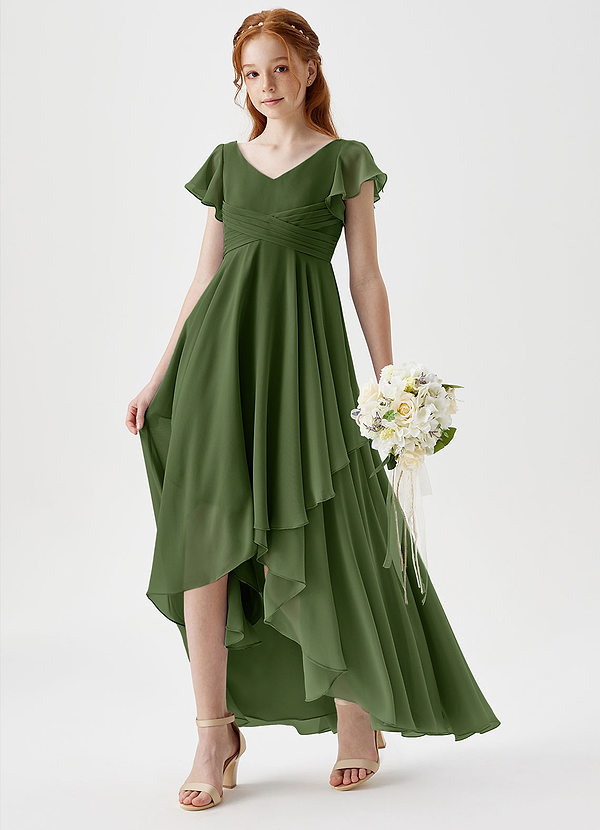 Azazie Caria Junior Olive A-Line Pleated Chiffon Dress image1