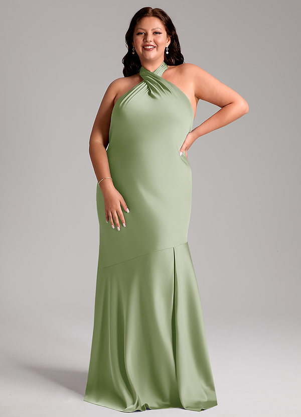 Azazie Lorena Robes Demoiselle d'honneur Robe Sirène en Satin extensible Plissée Vert Sauge image1