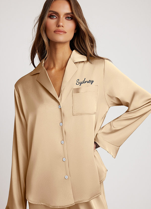 front Champagne Personalized Embroidered Long Satin Pajama Set