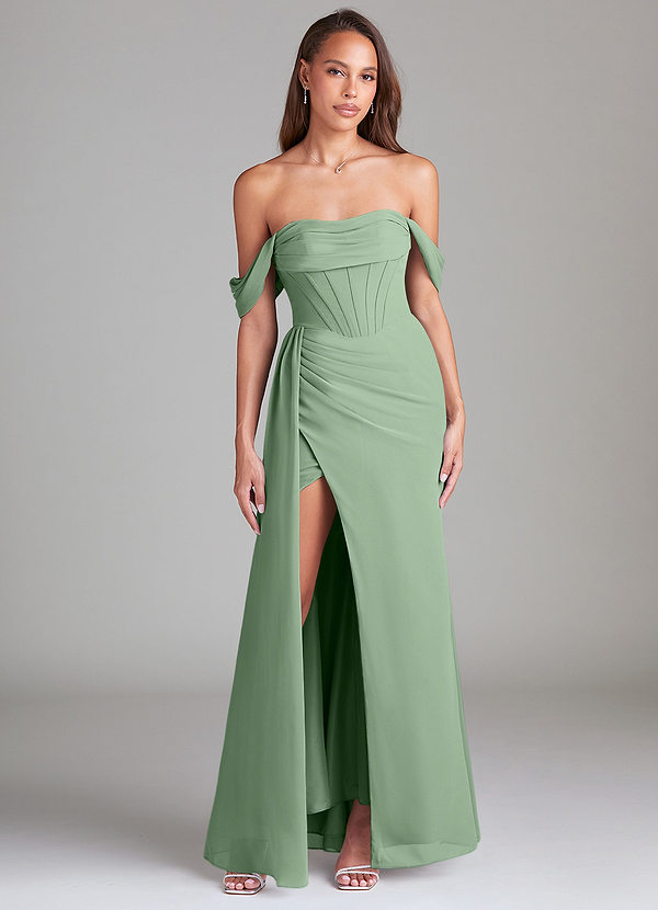 Azazie Amyra Abiti da Damigella Abito Convertibile Tubino in Chiffon a Spalla Scoperta Matcha image1