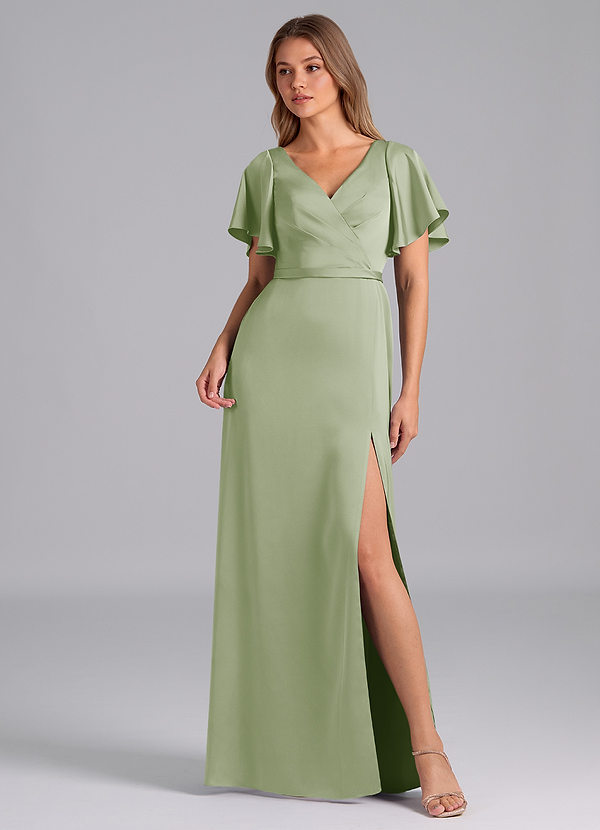 Azazie Ambrosia Brudtärneklänningar Klä av A-Linje i Stretch Satin Plisserad Dusty Sage image1