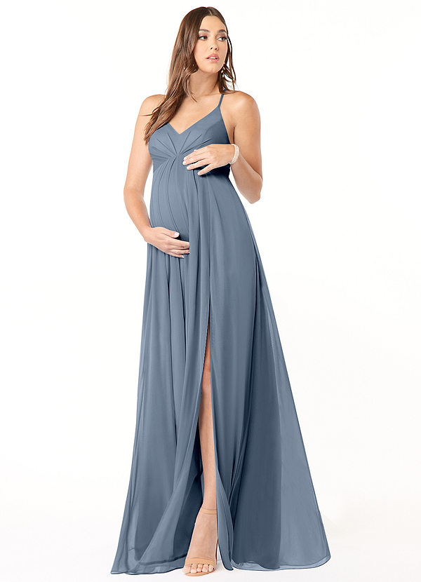 Azazie Annabelle Vestidos de dama de honor de maternidad Vestido de Corte En A Cuello en V plisado Hasta el suelo Malla image1