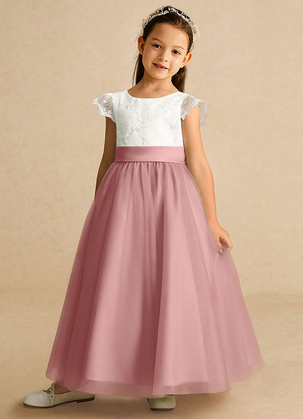 Azazie Pookie Vestidos de arras Vestido Rosa Polvorienta de Tul de Corte en A con Encaje image1