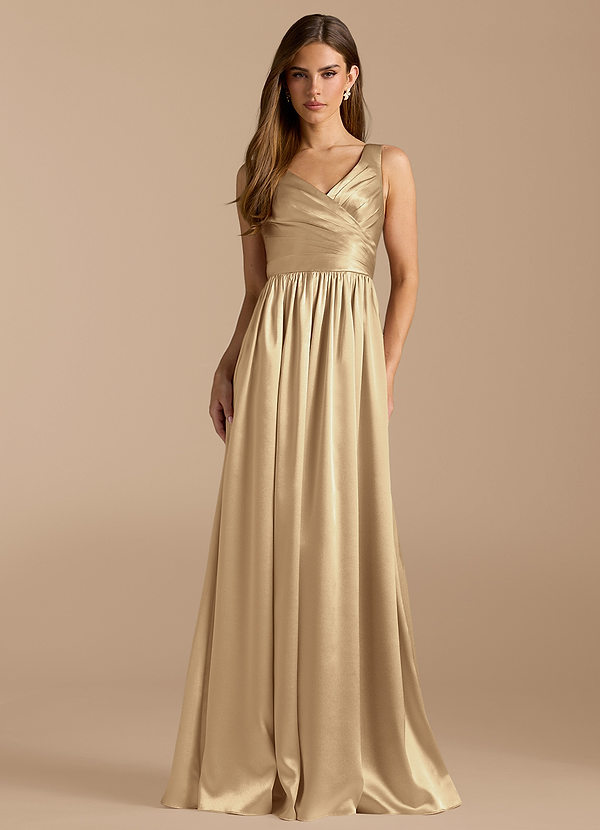 Azazie Keyla Bridesmaid Dresses Champagne A-Line Pleated Metallic Satin Dress image1