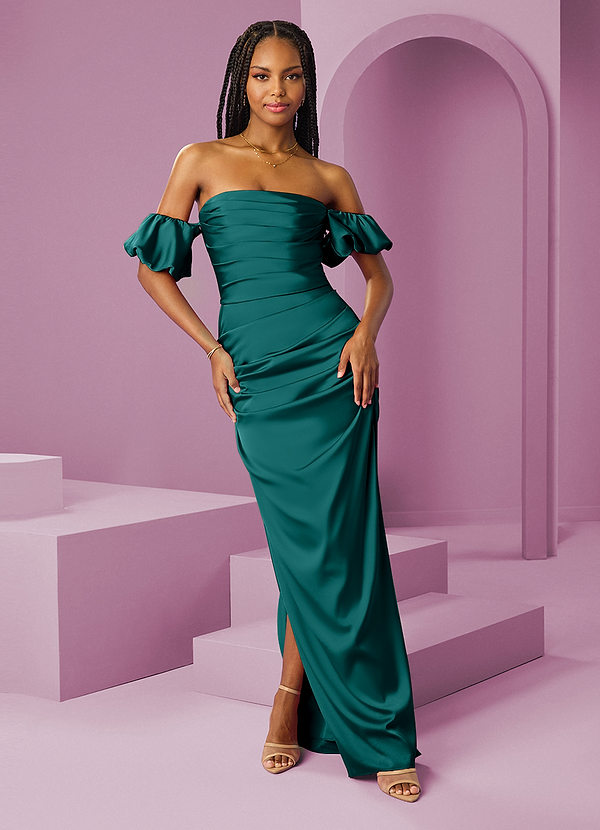 Barbie ♥ Azazie Robes Demoiselle d'honneur Robe Fourreau Convertible en Satin extensible Épaule décolletée Paon image1