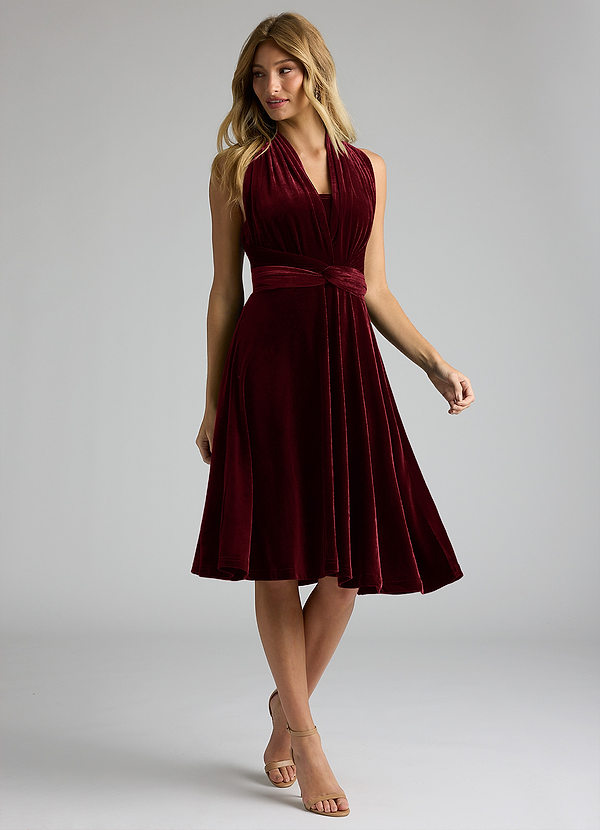 AZAZIE ESSENTIALS Bridesmaid Dresses Wine A-Line Bow Velvet Dress image1