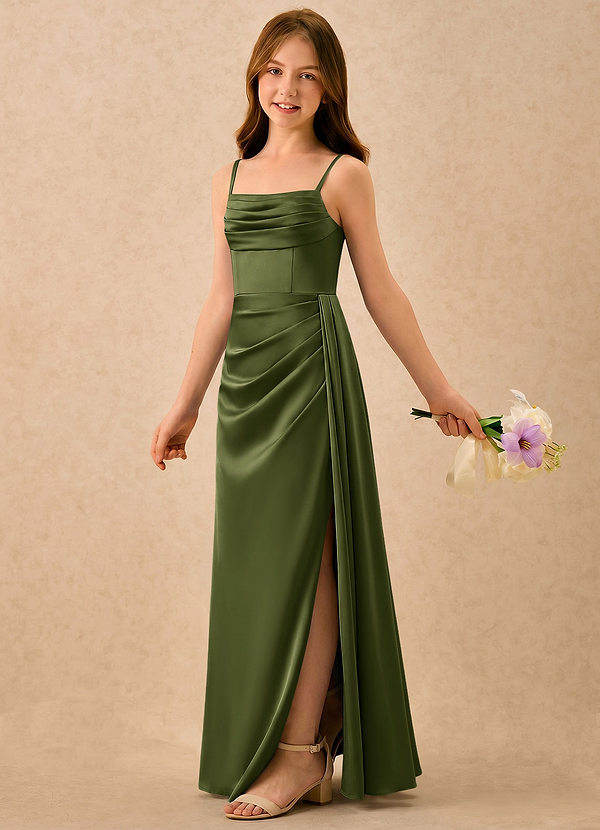Azazie Shyla Girls Formal Bloemenmeisjesjurken Kolom Jurk van Stretch Satijn Geplooid Olijf image1