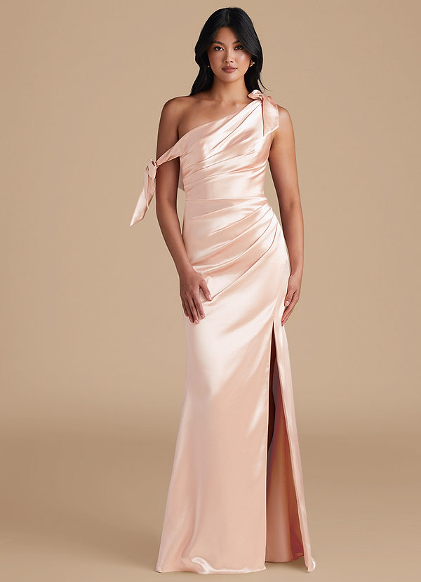 Azazie Xyla Bridesmaid Dresses Rose Gold Sheath Off the Shoulder Metallic Satin Convertible Dress image1
