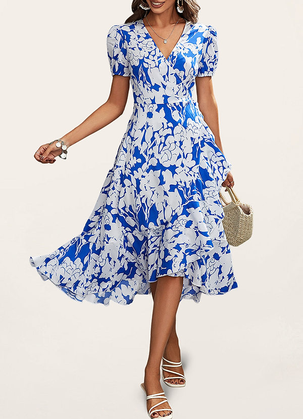 front Visionnaire romantique Bleu Robe portefeuille à manches courtes et imprimé floral