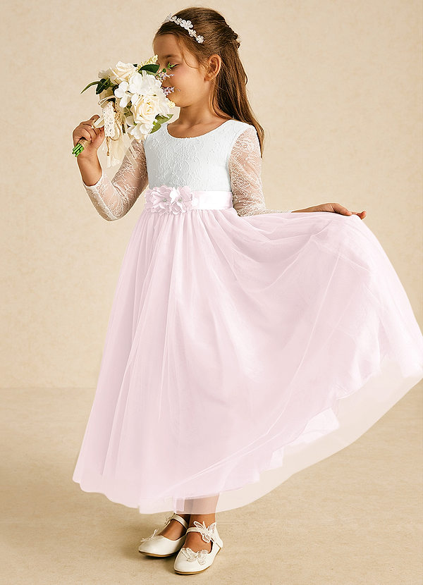 Azazie Mae Flower Girl Dresses Ivory Blushing Pink A-Line Bow Tulle Dress image1