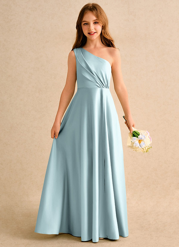 Azazie Puddles Girls Formal Vestidos de Niña de Flores Vestido de Neblina de Satin Mate de Corte en A con Hombro unilateral image1