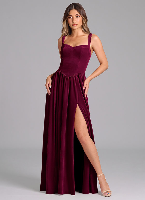 Azazie Francis Bridesmaid Dresses Cabernet A-Line Corset Velvet Dress image1