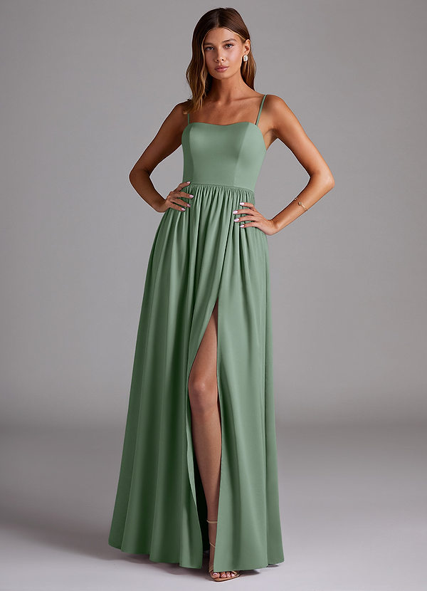 Azazie Calianna Bridesmaid Dresses Matcha A-Line Off the Shoulder Stretch Satin Convertible Dress image1