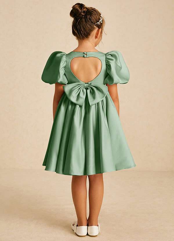 Azazie Muffin Flower Girl Dresses Matcha A-Line with Sleeves Matte Satin Dress image1
