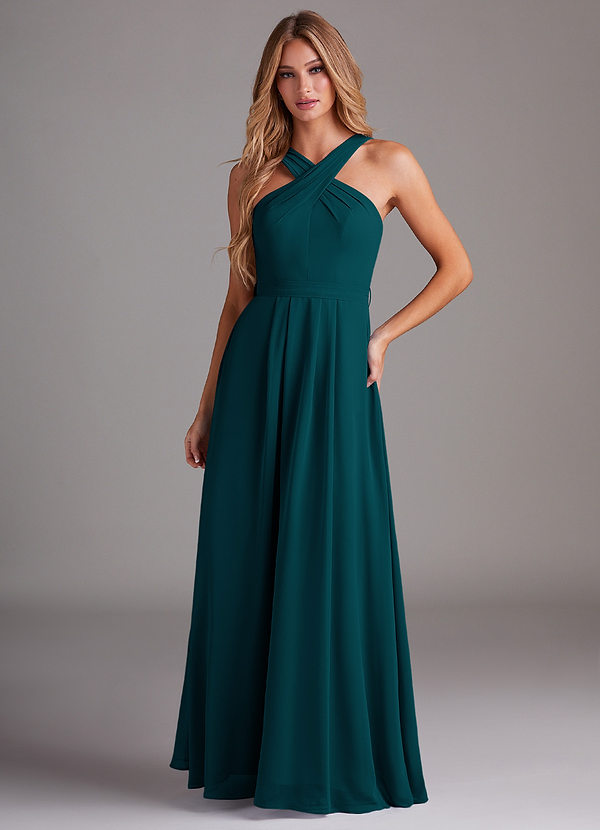 Azazie Dixie Bridesmaid Dresses Pine A-Line Halter Pleated Chiffon Dress image1