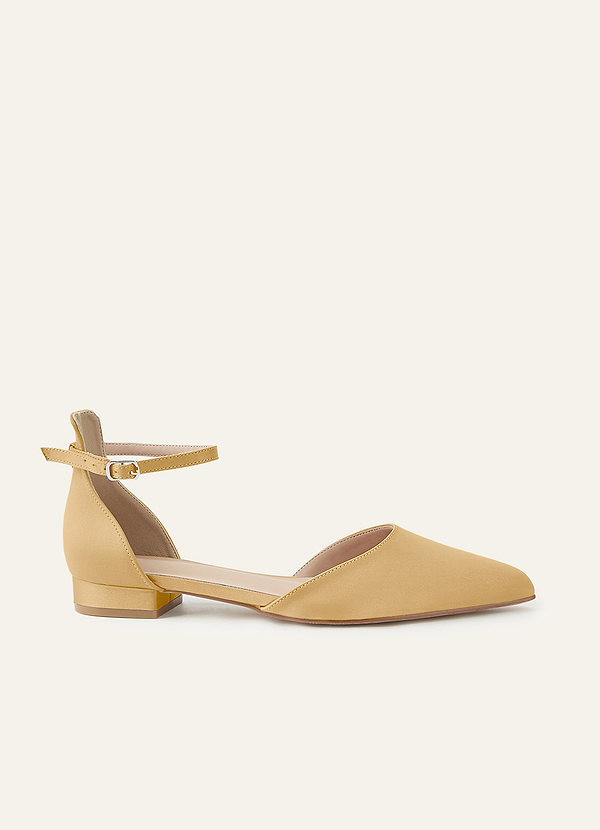 front Matching Color Matte Satin Pointed Toe Ankle Strap Block Flat Pumps