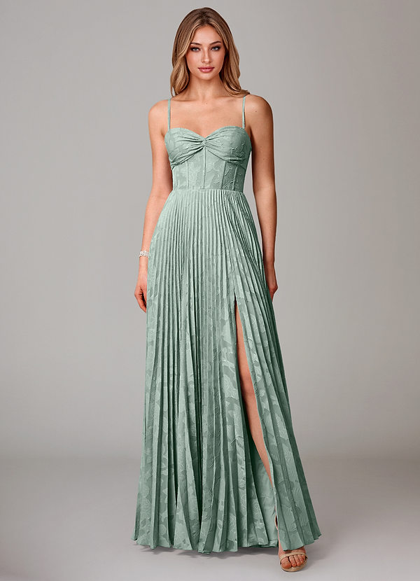 Azazie Akiko Brautjungfernkleider A-Linie Herzausschnitt Blumen-Burnout Kleid Agave image1