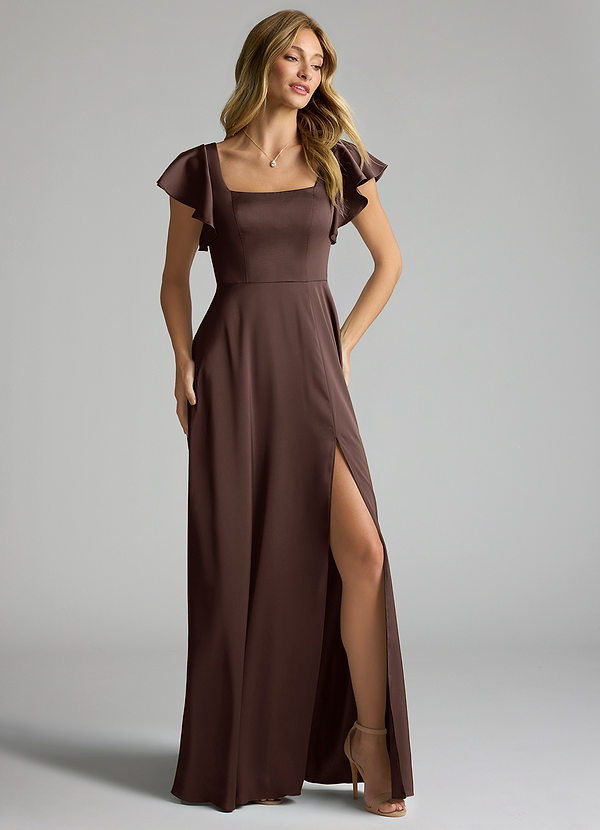 Azazie Bondi Bridesmaid Dresses Ganache A-Line Bow Stretch Satin Dress image1