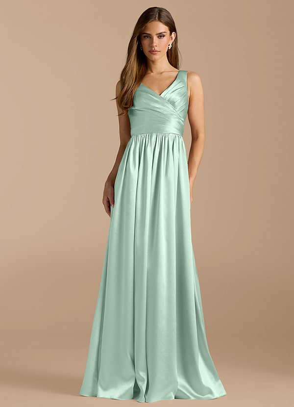 Azazie Keyla Bridesmaid Dresses Agave A-Line Pleated Metallic Satin Dress image1