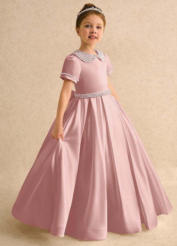 Azazie Gabriella Flower Girl Dresses Rose Gold Ball-Gown with Sleeves Matte Satin Dress image1