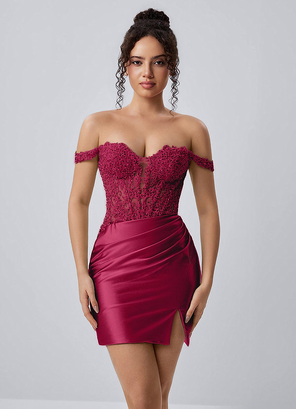 Persephonea Burgundy Corset Lace Rhinestones Stretch Satin Mini Dress image1