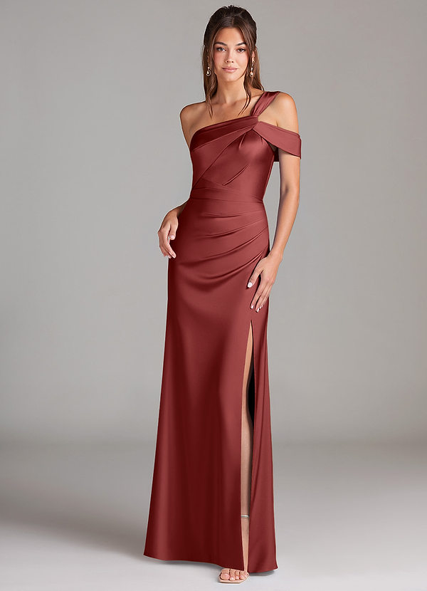 Azazie Wynter Brautjungfernkleider Etui One-Shoulder Stretch-Satin Kleid Terrakotta image1