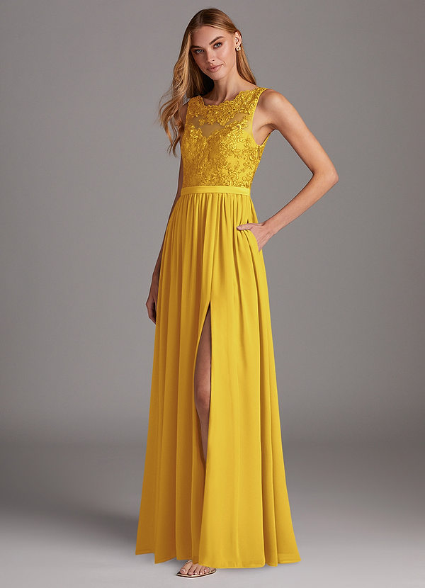 Azazie Elly Bridesmaid Dresses Marigold A-Line Lace Scoop Neck Chiffon Dress image1