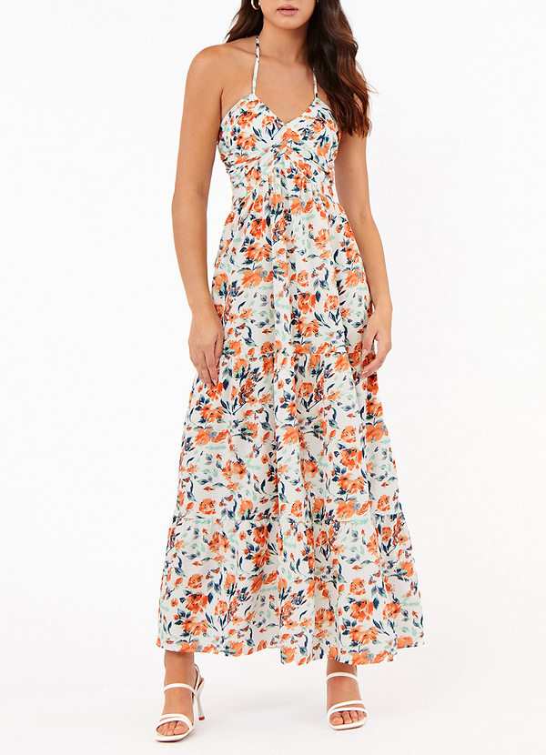 front Homewood Orange Floral Print Halter Neck Maxi Dress