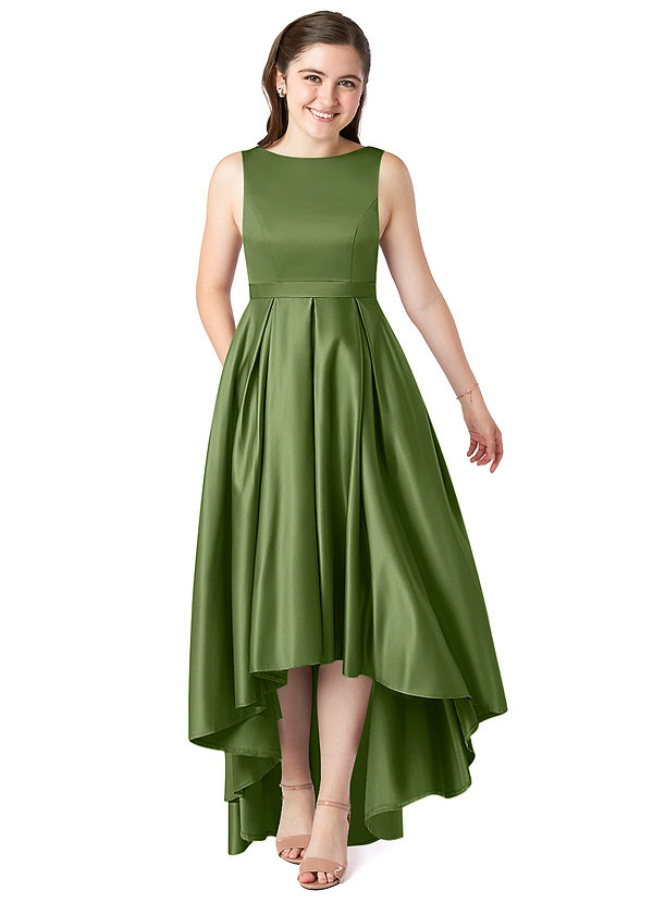 Azazie Inaya Junior Juniper A-Line with Belt Stretch Satin Dress image1