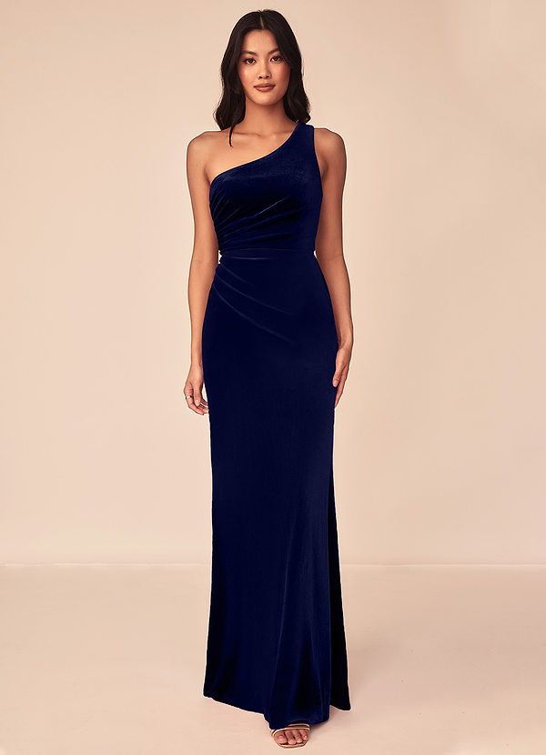 Azazie Argan Bridesmaid Dresses Dark Navy A-Line One Shoulder Pleated Velvet Dress image1