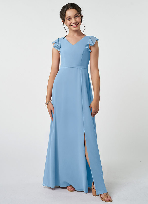 Azazie Claudine Junior Robe Trapèze en Mousseline de soie Plissée Poudre Bleue image1