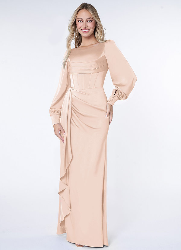 Azazie Raye Bridesmaid Dresses Blushing Pink Fitted Long Sleeve Stretch Satin Dress image1