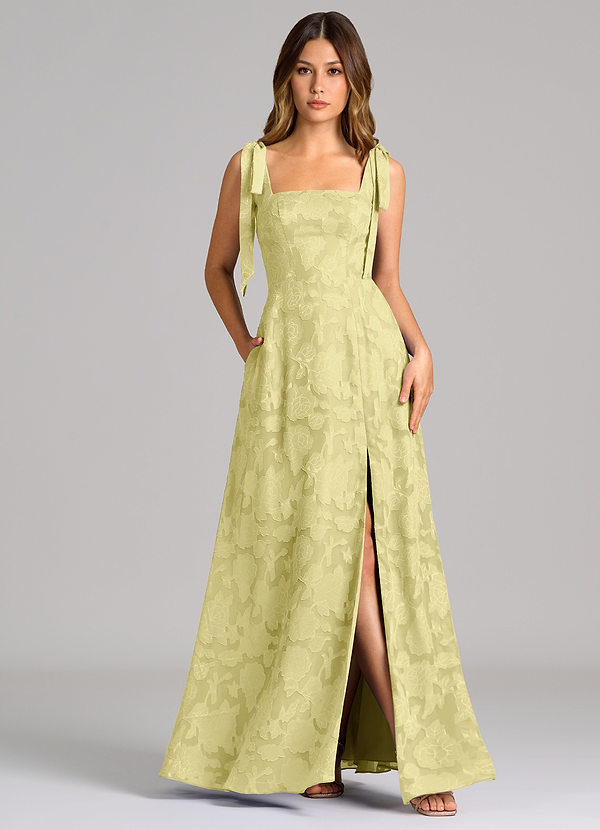 Azazie Debra Bridesmaid Dresses Lemon Sorbet A-Line with Pockets Floral Burnout Dress image1