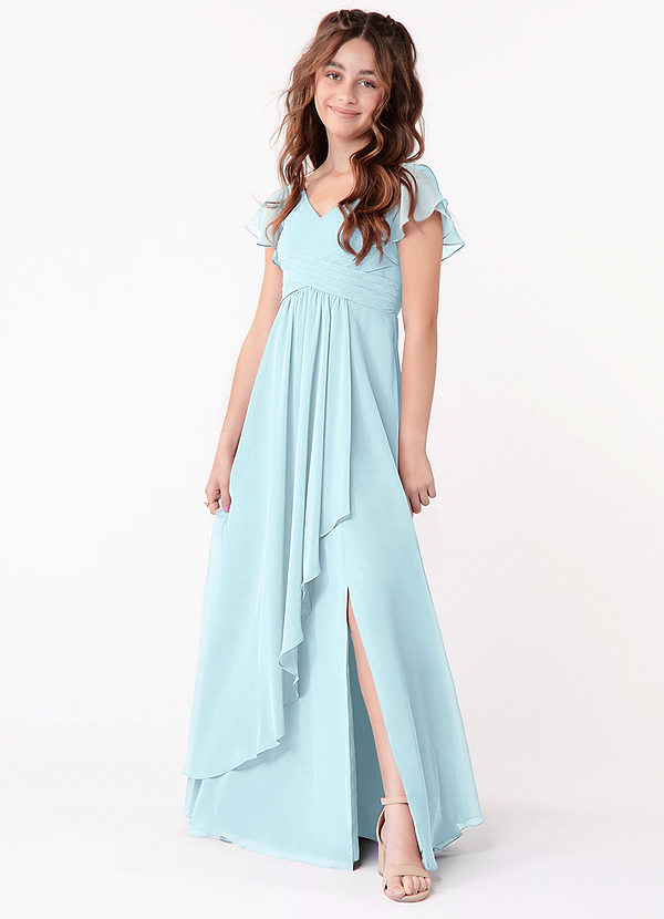 Azazie Omari Junior Cloud Blue A-Line Ruched Chiffon Dress image1