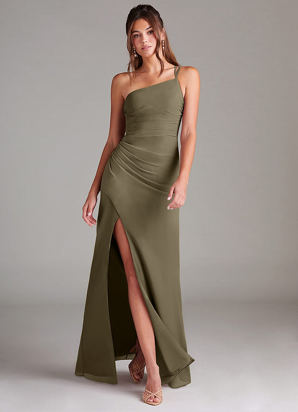 Azazie Eren Vestidos Dama de Honor Vestido de Verde Sauce de Gasa de Corte Recto con Hombro unilateral image1