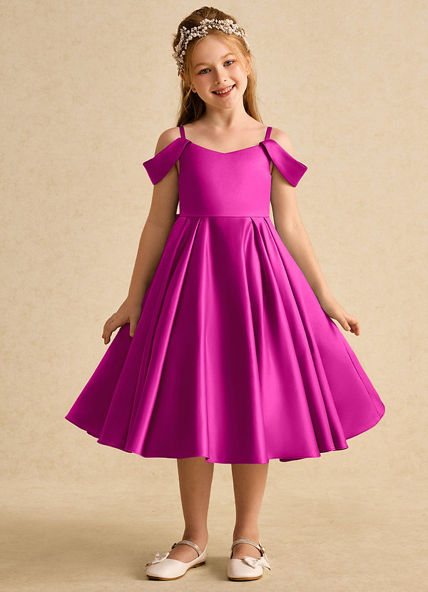 Azazie Favia Flower Girl Dresses Fuchsia A-Line Off the Shoulder Matte Satin Dress image1